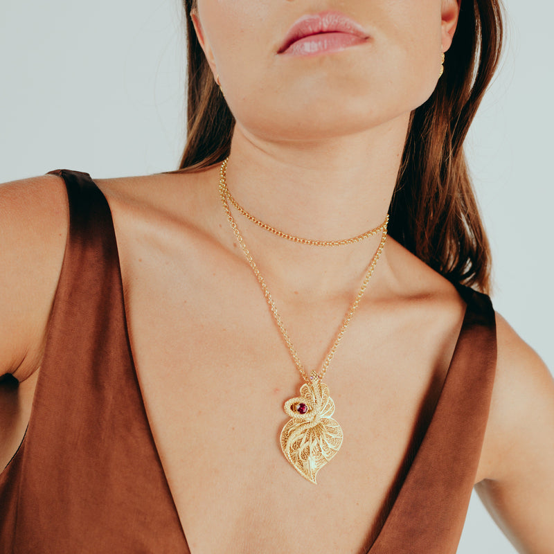 Necklace Heart Snake Red in Gold Plated Silver