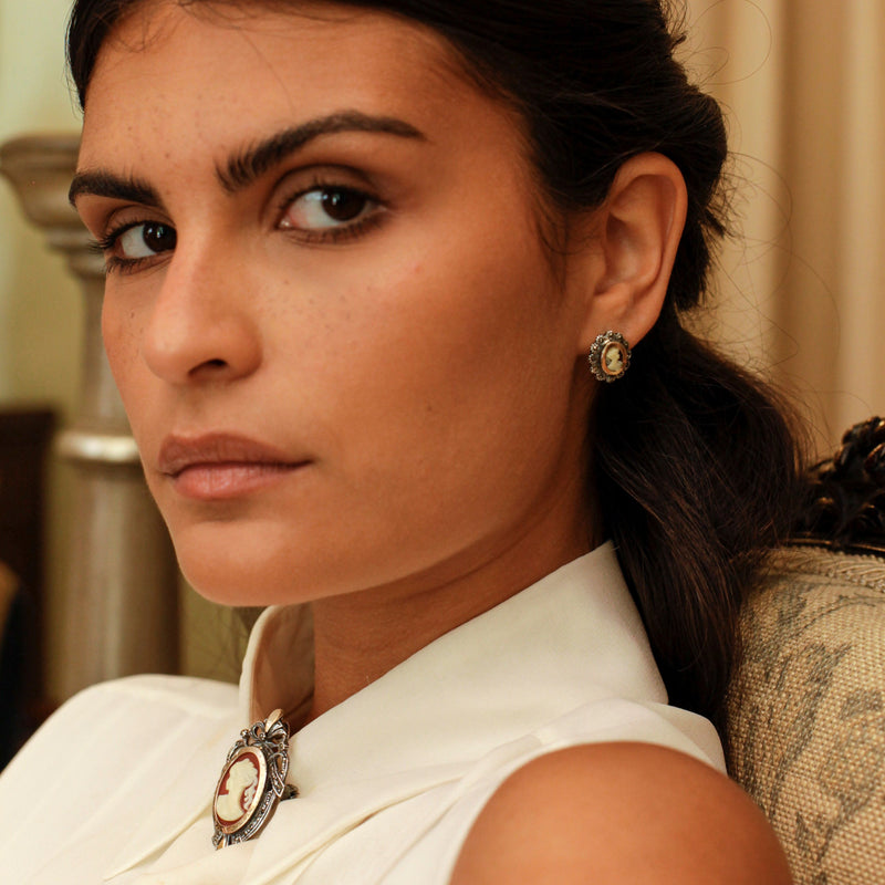 Earrings Cameo with Marcasites in Silver and Gold