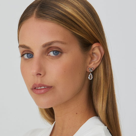 Earrings Butterfly Rock Crystal in Silver and Gold styled on model - Silver jewelry
