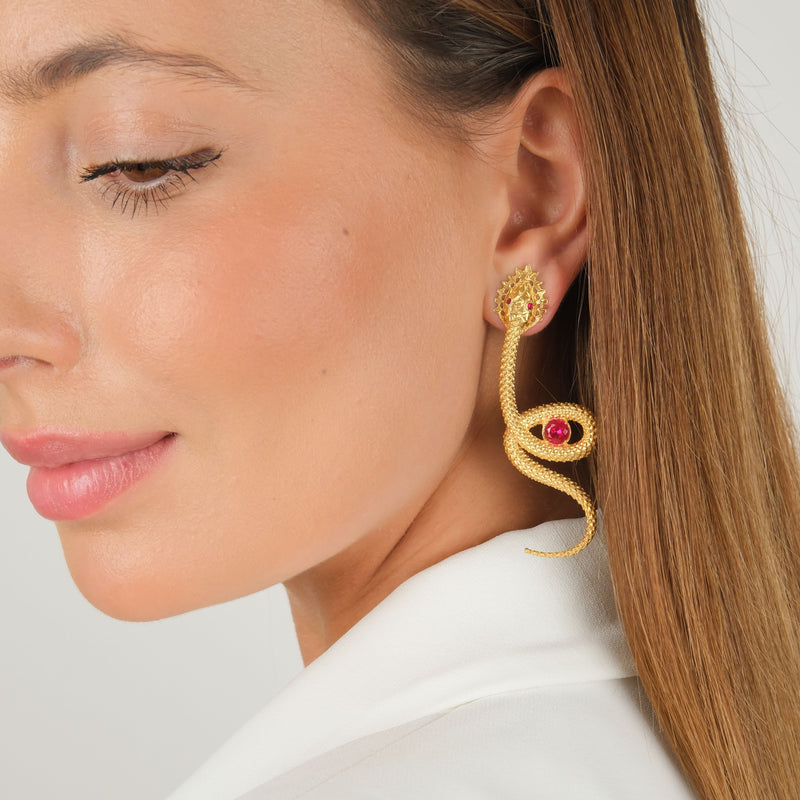 Earrings Snake Red in Gold Plated Silver