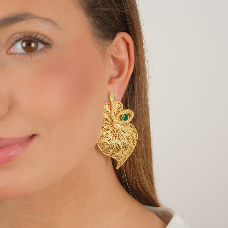 Earrings Heart Snake Green in Gold Plated Silver