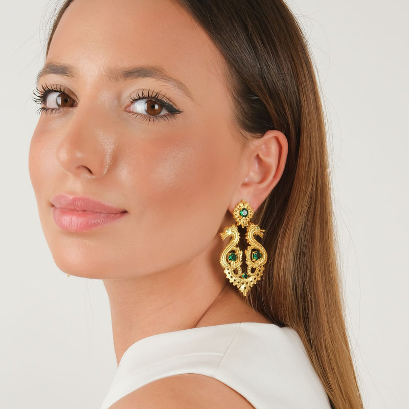 Earrings Queen Dragon XL Green in Gold Plated Silver