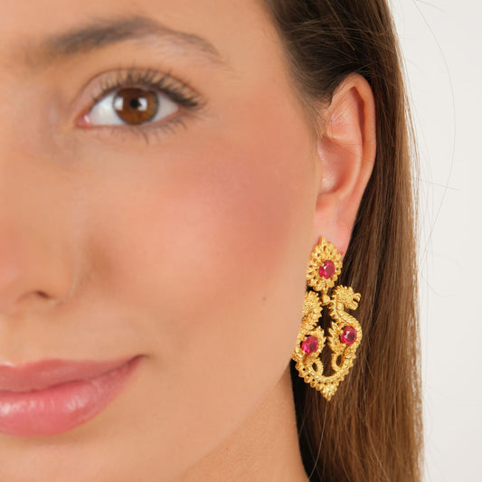 Earrings Queen Dragon Red in Gold Plated Silver