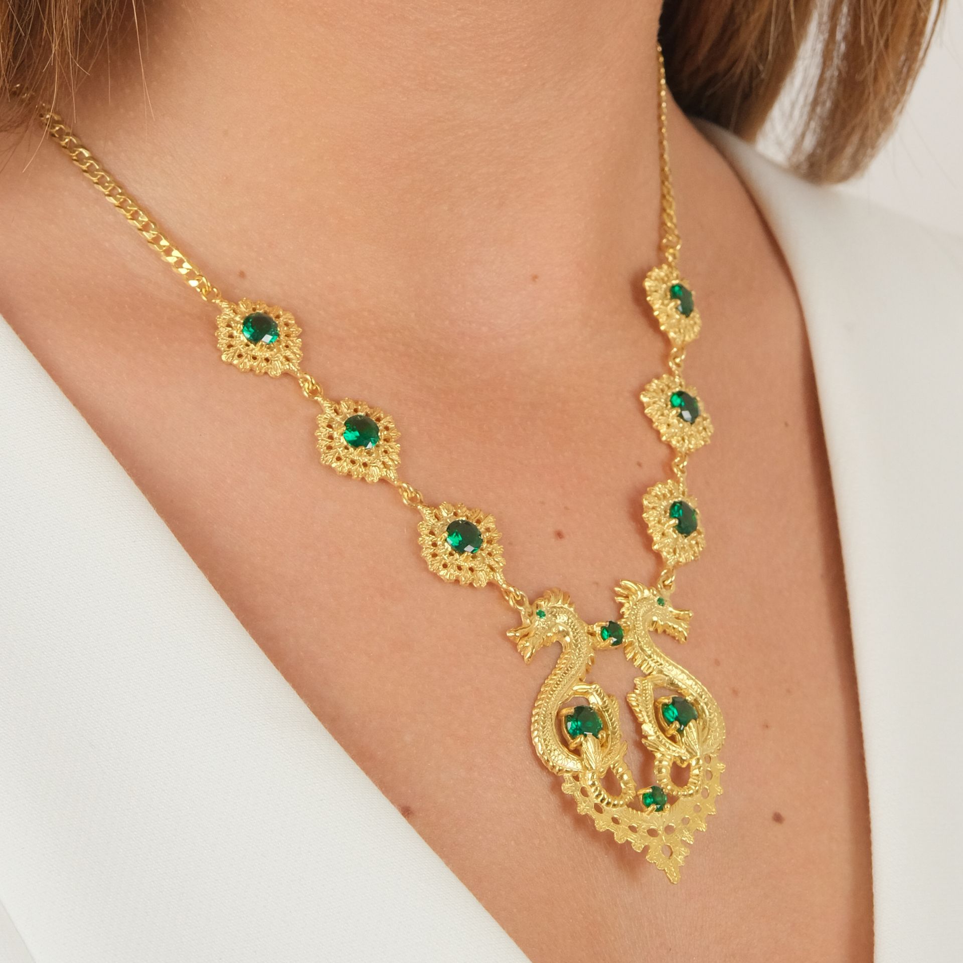 Necklace Queen Dragon Green in Gold Plated Silver