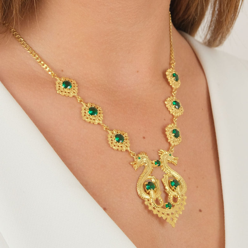 Necklace Queen Dragon Green in Gold Plated Silver