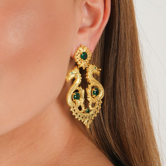 Earrings Queen Dragon XL Green in Gold Plated Silver