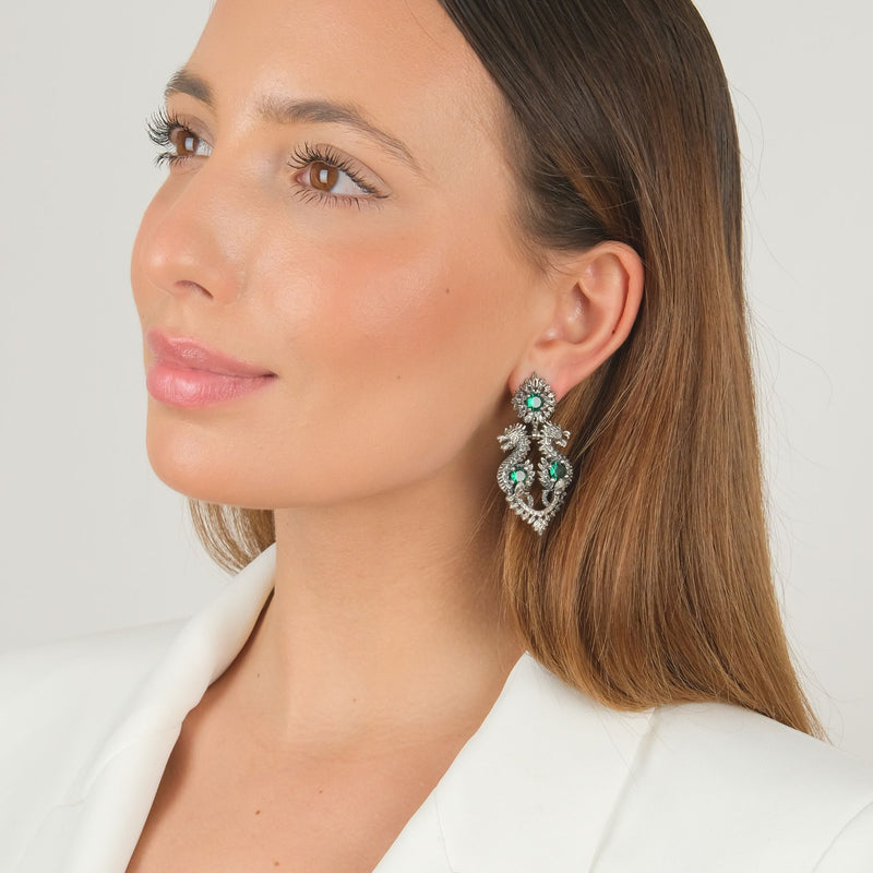 Earrings Queen Dragon Green in Silver