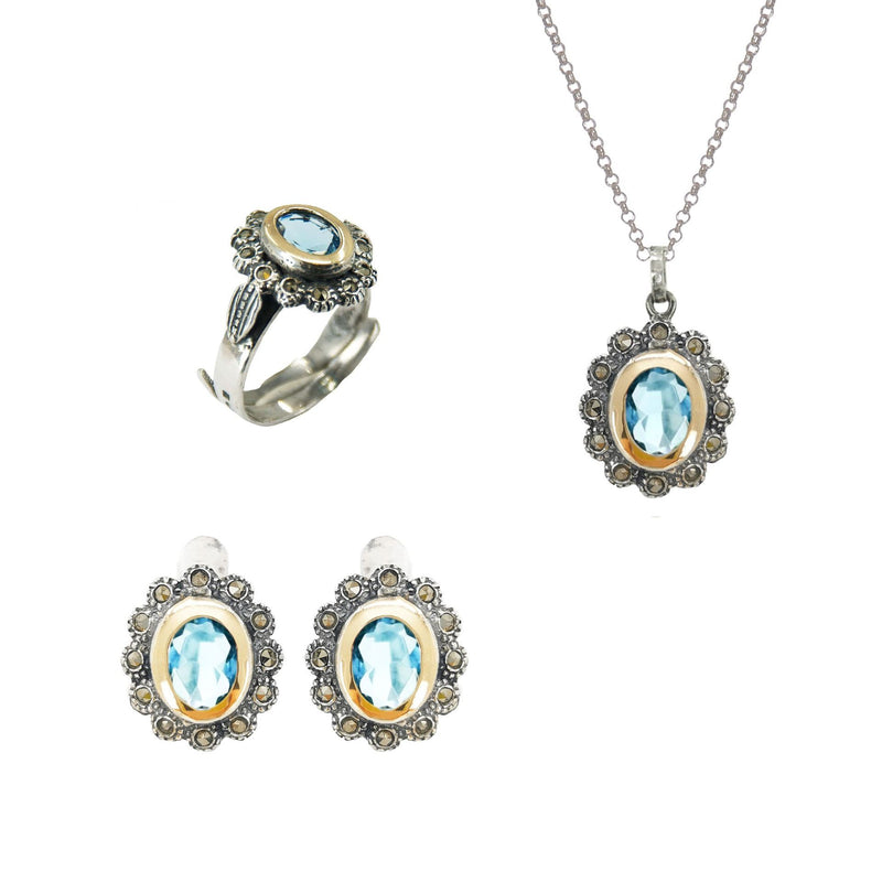 Set Blue Marcasites in Silver and Gold