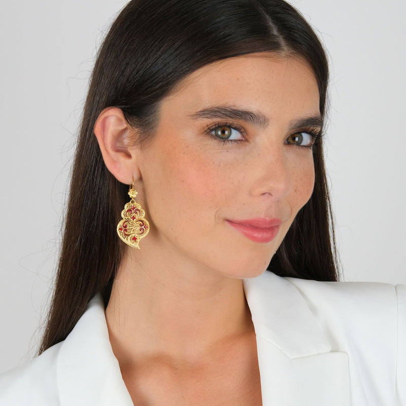 Earrings Heart of Viana Red Azulejo in Gold Plated Silver