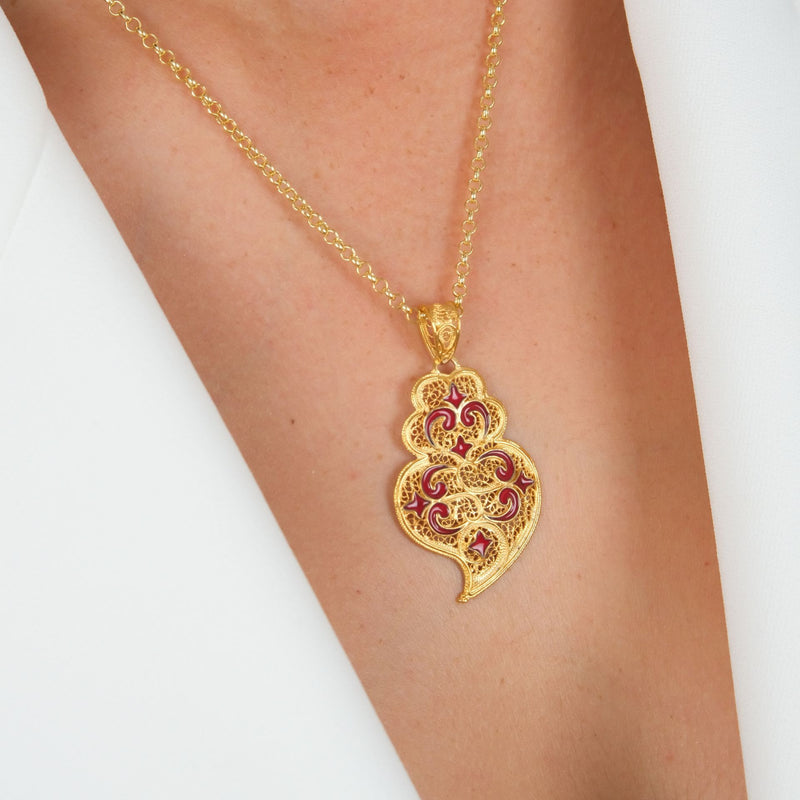 Necklace Heart of Viana Red Azulejo in Gold Plated Silver