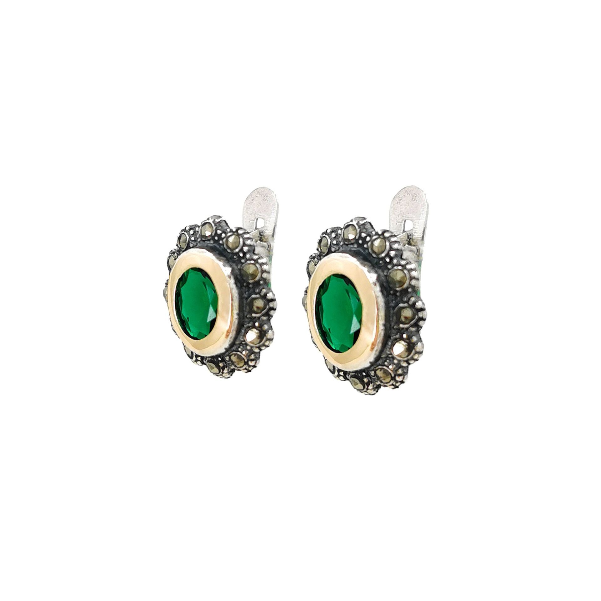 Earrings Green Marcasites in Silver and Gold