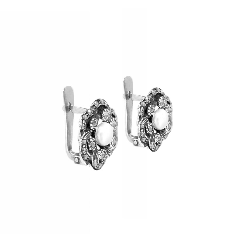 Earrings Flower with Marcasites and Pearl in Silver