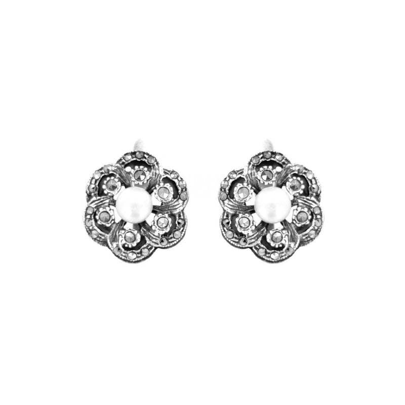 Earrings Flower with Marcasites and Pearl in Silver