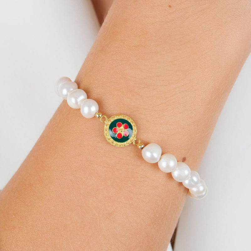 Bracelet Green and Red Caramujo in Gold Plated Silver