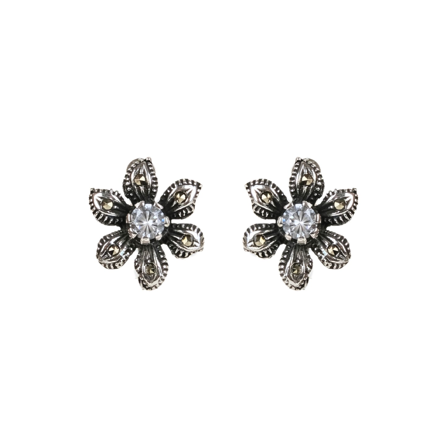 Earrings Flower with Marcasites and Zirconia in Silver