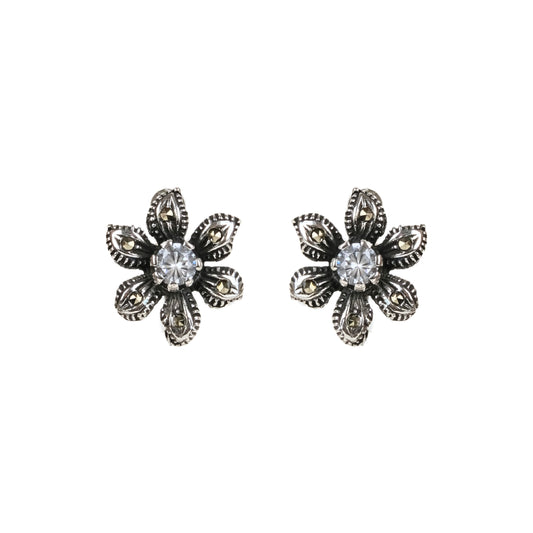Earrings Flower with Marcasites and Zirconia in Silver