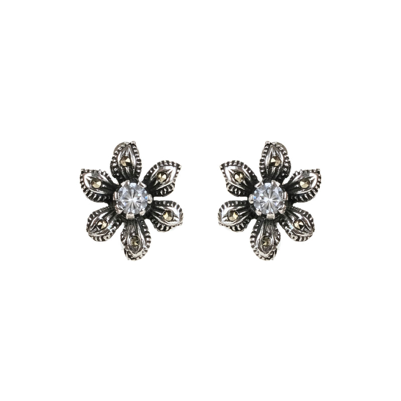 Earrings Flower with Marcasites and Zirconia in Silver