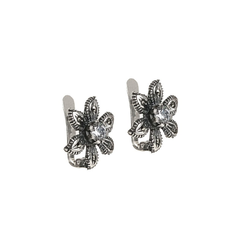Earrings Flower with Marcasites and Zirconia in Silver
