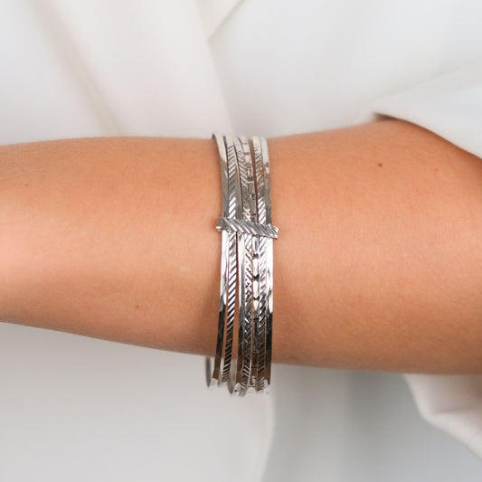 Bracelet Seven Bangles in Silver worn by model - Silver jewelry