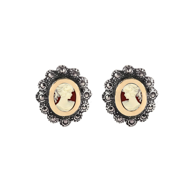 Earrings Cameo with Marcasites in Silver and Gold