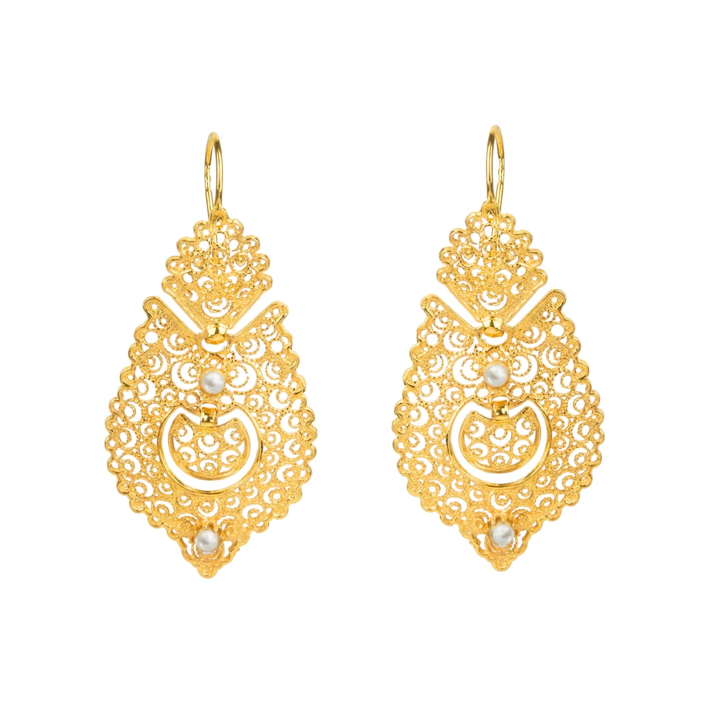 Queen Earrings Filigree in Gold Plated Silver with Pearls