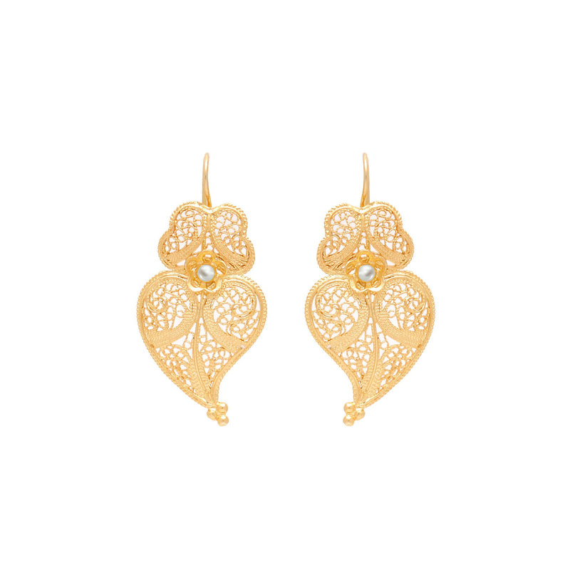 Earrings Heart of Viana 3,5cm in Gold Plated Silver with Pearl