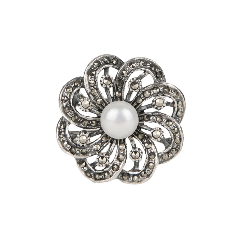 Brooch Flower Marcasites in Silver with Pearl