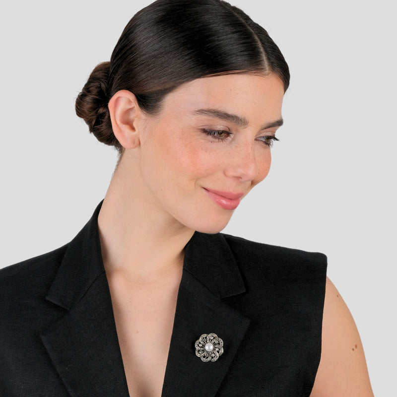 Brooch Flower Marcasites in Silver with Pearl
