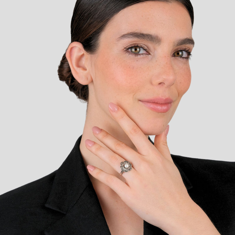 Ring Flower Marcasites in Silver with Pearl