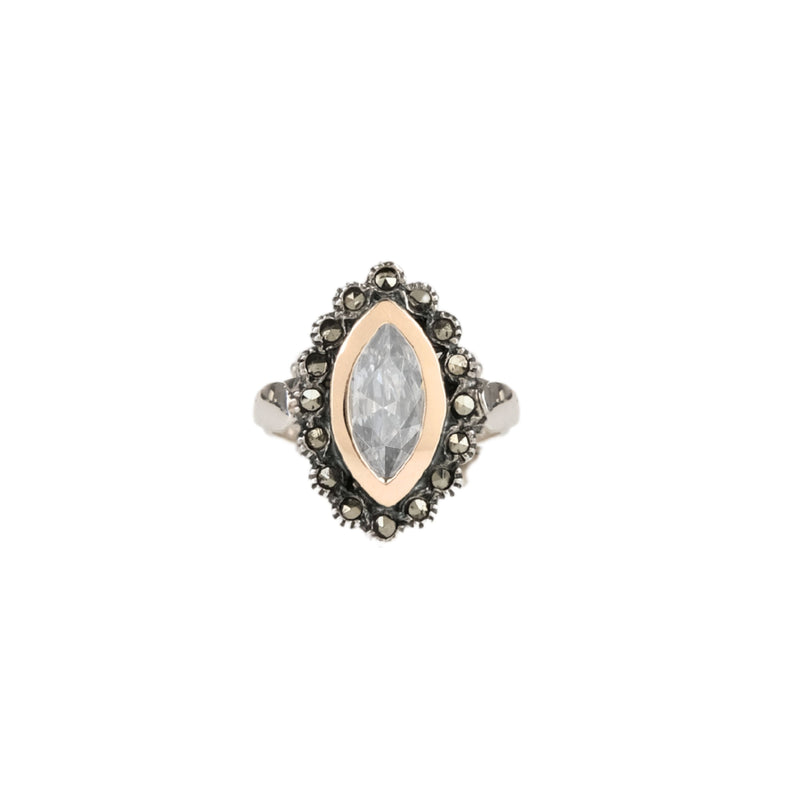 Ring Navette with Marcasites in Silver and Gold