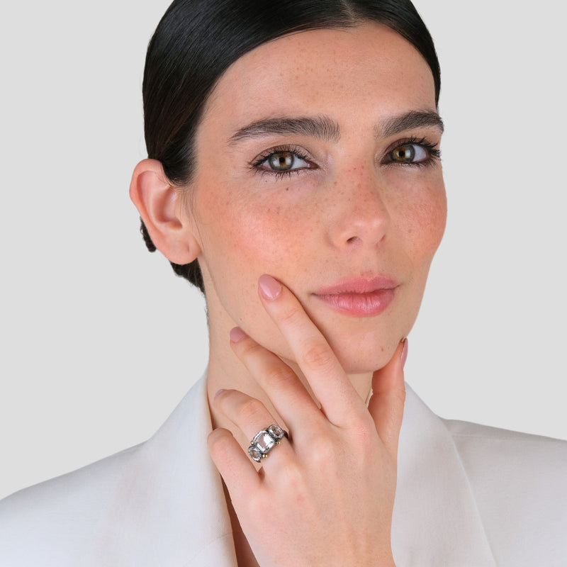 Ring Trio Rectangular Rock Crystal in Silver and Gold