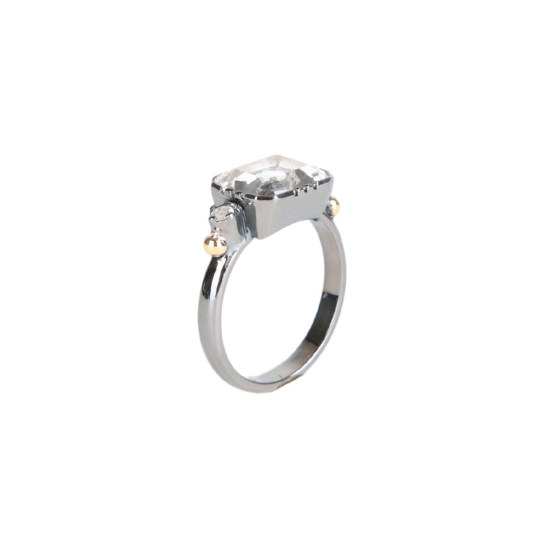 Ring Solitaire Rectangular Rock Crystal in Silver and Gold