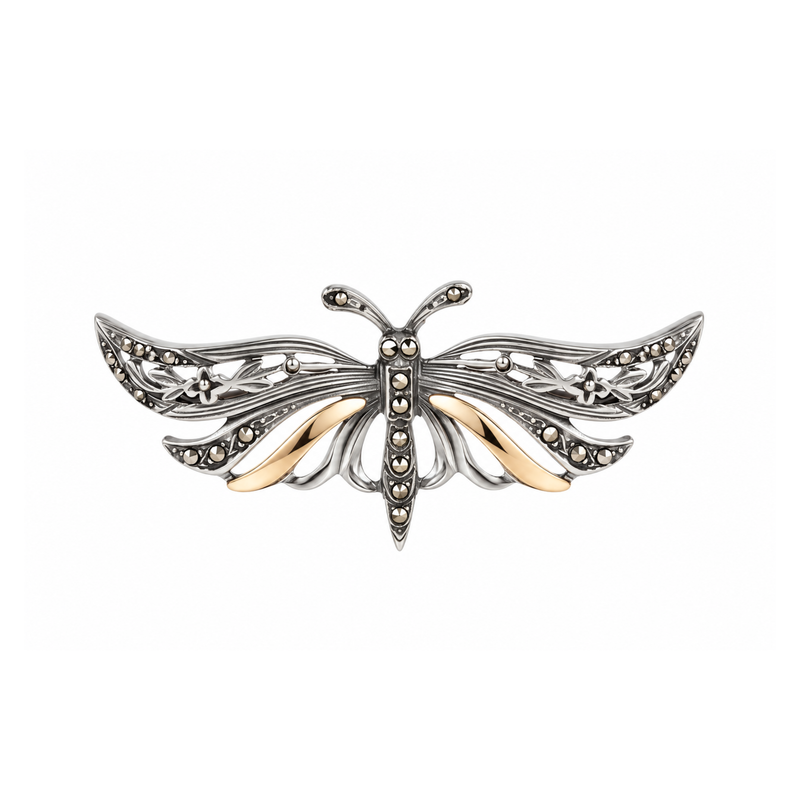 Brooch Butterfly with Marcasites in Silver and Gold - Marcasites Collection
