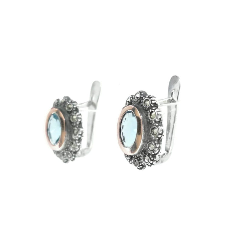 Earrings Blue Marcasites in Silver and Gold