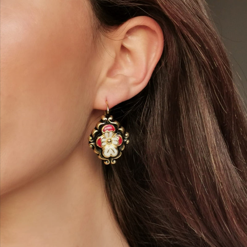 Earrings Baroque Red Enamel in Gold Plated Silver