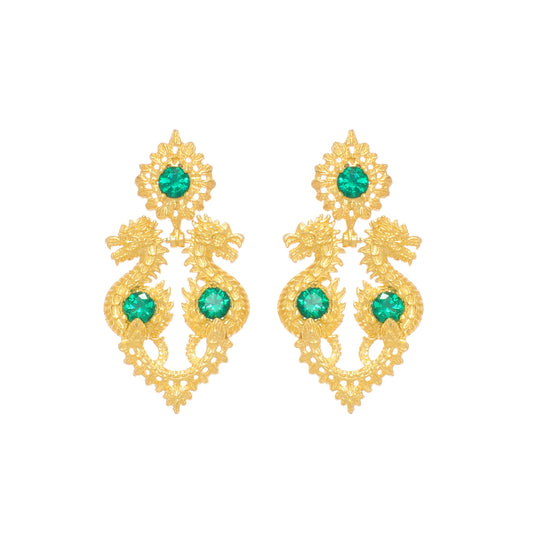 Earrings Queen Dragon Green in Gold Plated Silver