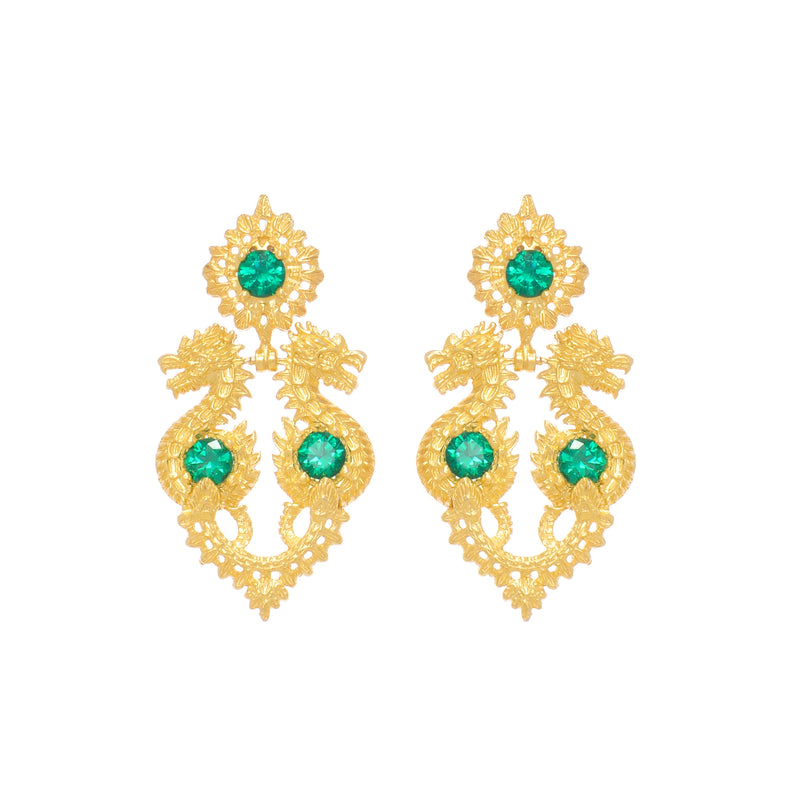 Earrings Queen Dragon Green in Gold Plated Silver
