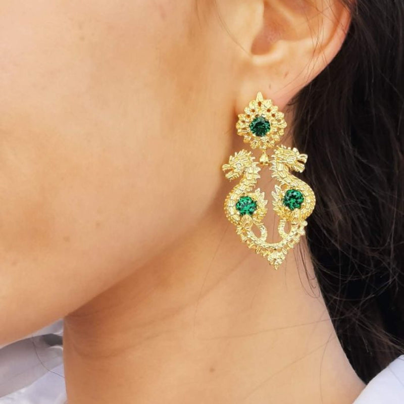 Earrings Queen Dragon Green in Gold Plated Silver