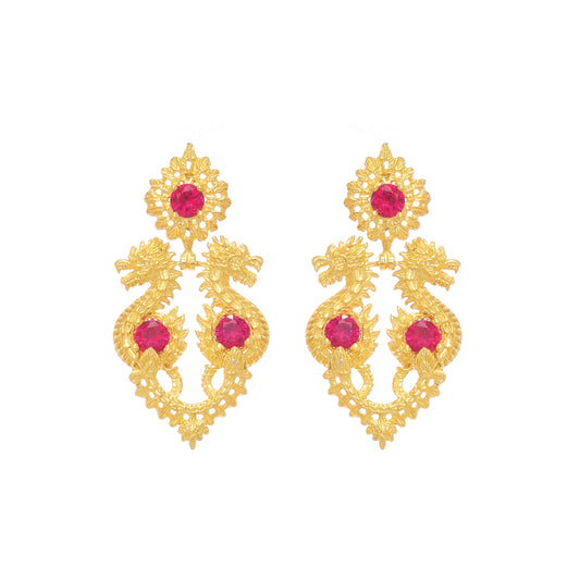 Earrings Queen Dragon Red in Gold Plated Silver