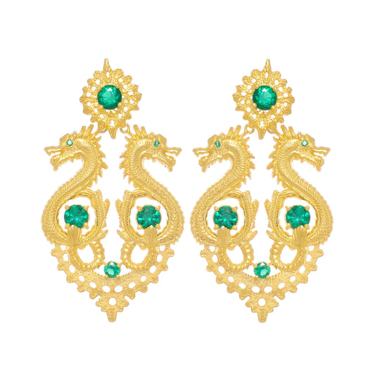 Earrings Queen Dragon XL Green in Gold Plated Silver