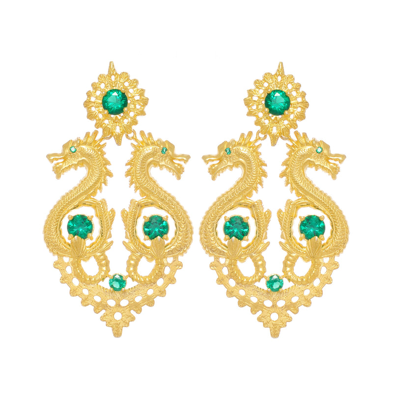 Earrings Queen Dragon XL Green in Gold Plated Silver