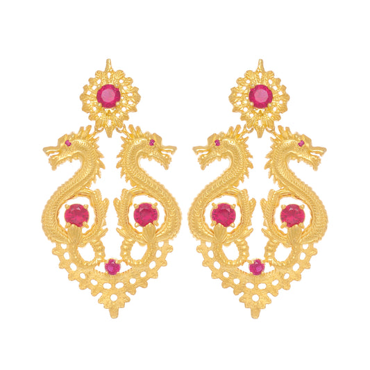 Earrings Queen Dragon XL Red in Gold Plated Silver