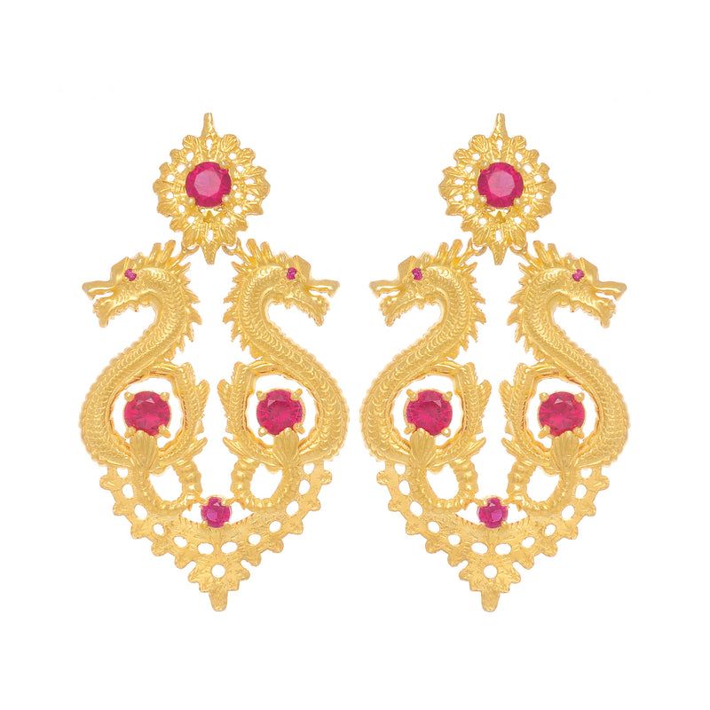 Earrings Queen Dragon XL Red in Gold Plated Silver