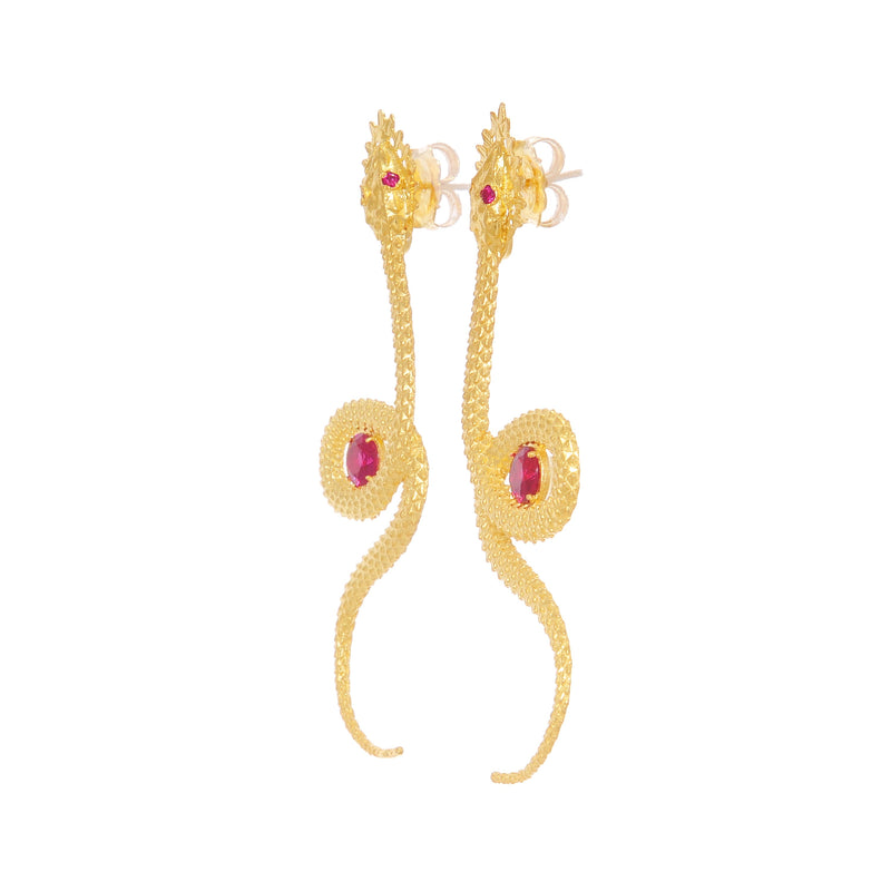 Earrings Snake Red in Gold Plated Silver