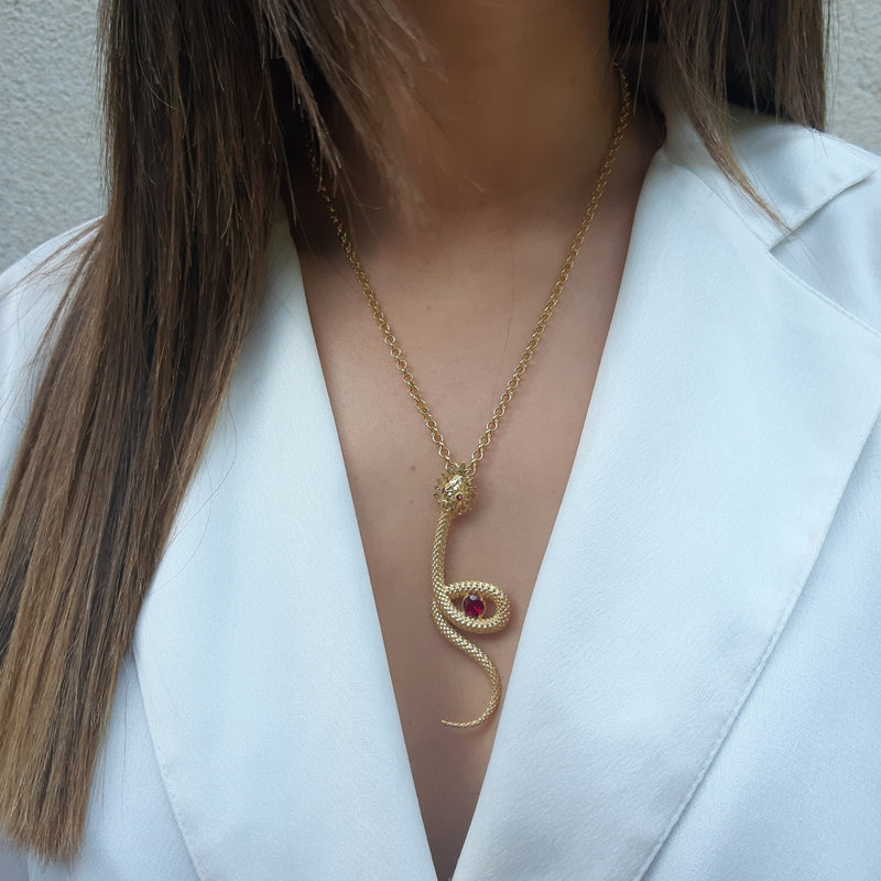 Necklace Snake Red in Gold Plated Silver