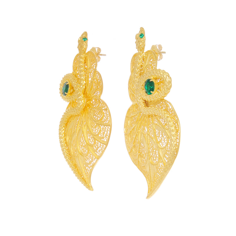 Earrings Heart Snake Green in Gold Plated Silver