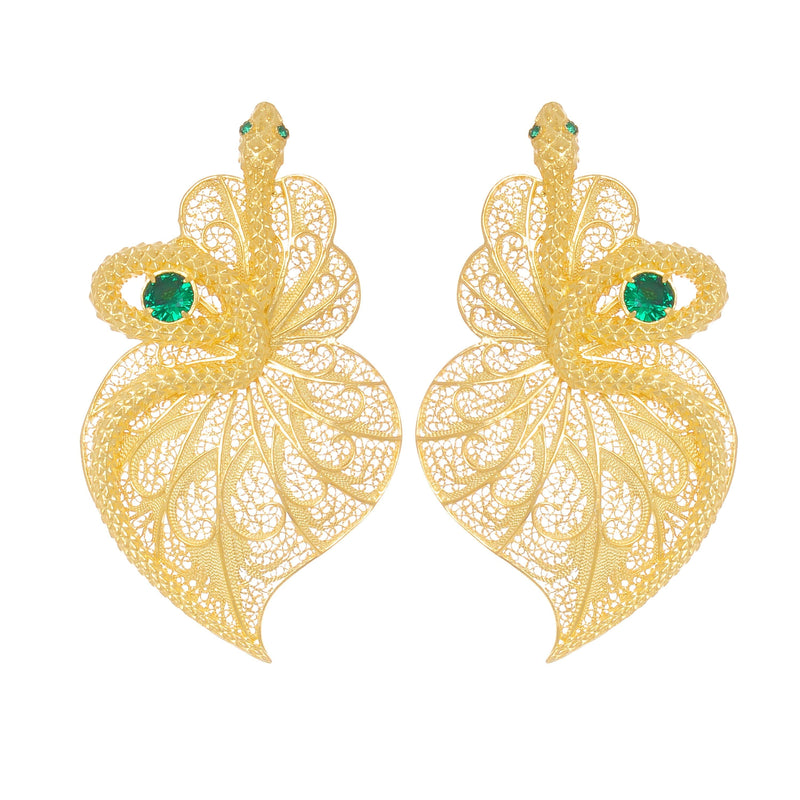 Earrings Heart Snake Green in Gold Plated Silver