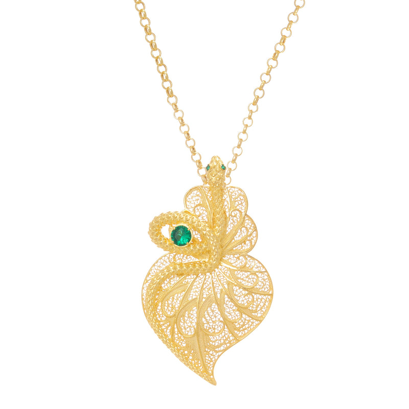 Necklace Heart Snake Green in Gold Plated Silver
