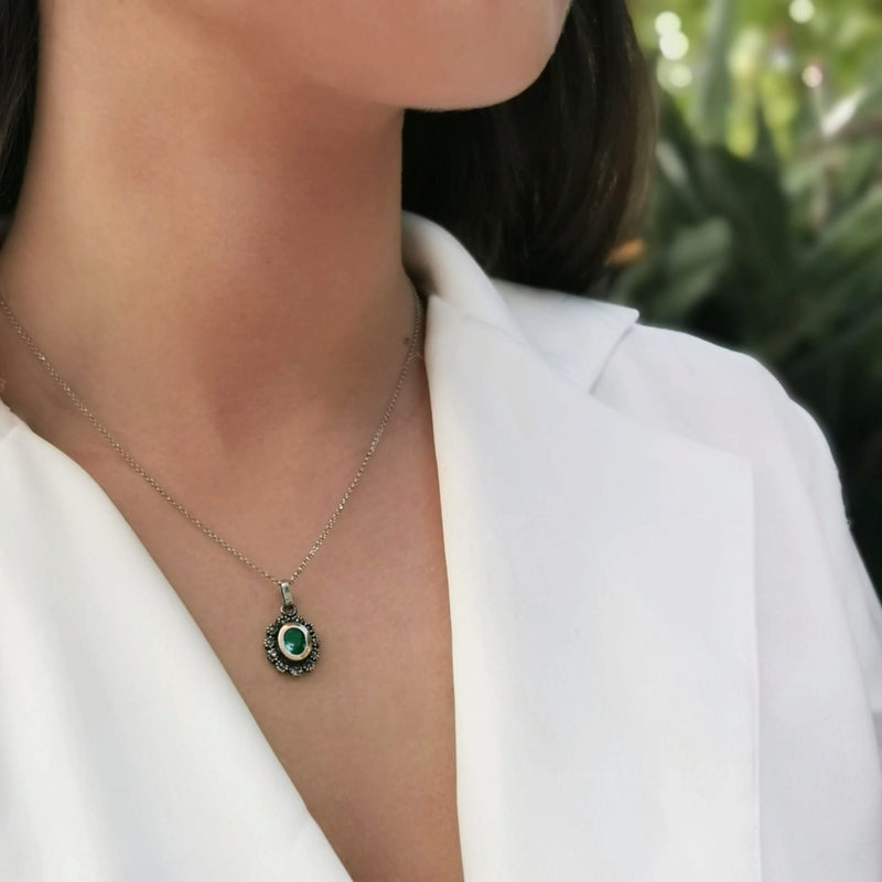 Necklace Green Marcasites in Silver and Gold