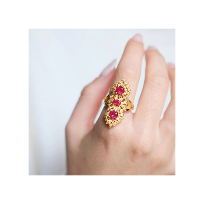 Bague Reine Rouge Triple en Argent Plaqué Or